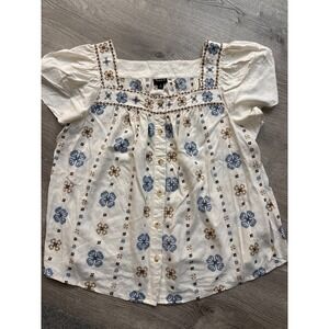 Torrid Embroidered Square Neck Flutter Short Sleeve Top Ivory 2X Button Front